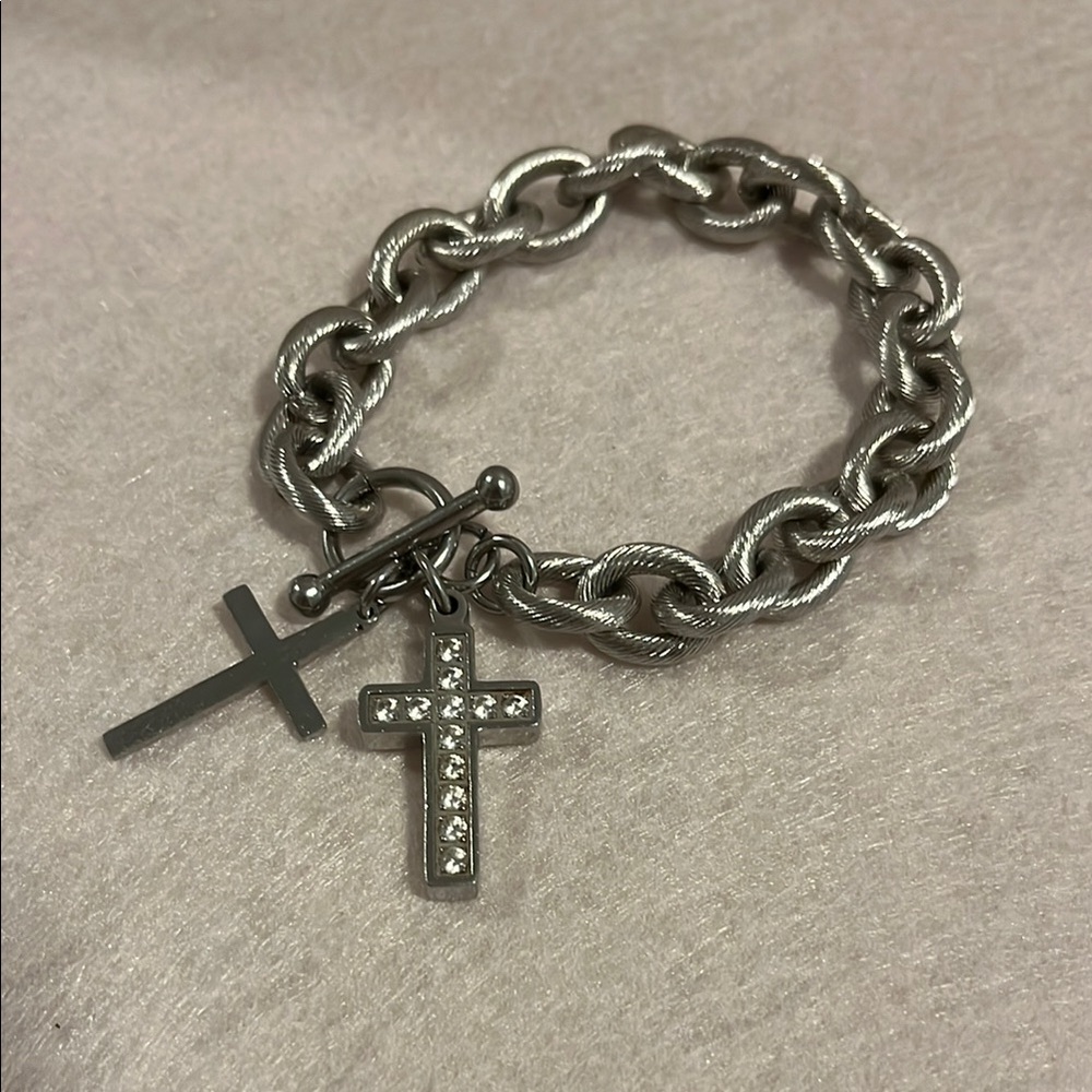 Silver-Tone Double Cross Bracelet.